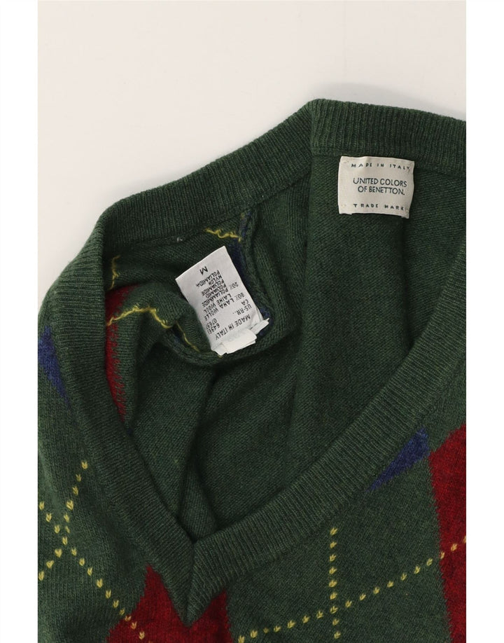 BENETTON Jersey con Cuello en V para Hombre Verde Medio Argyle/Lana Diamante