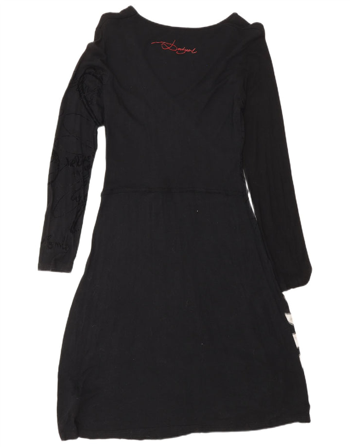 Desigual Vestido básico de manga larga para mujer UK 44 Grande Viscosa floral negra