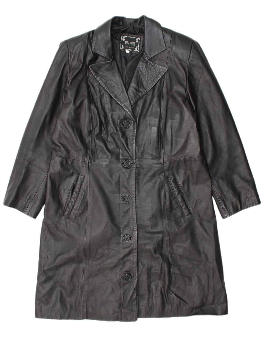 VINTAGE Abrigo de cuero para mujer Reino Unido 18 XL Cuero negro