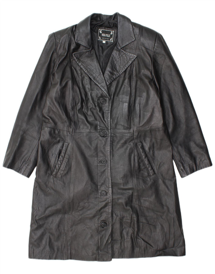 VINTAGE Abrigo de cuero para mujer Reino Unido 18 XL Cuero negro
