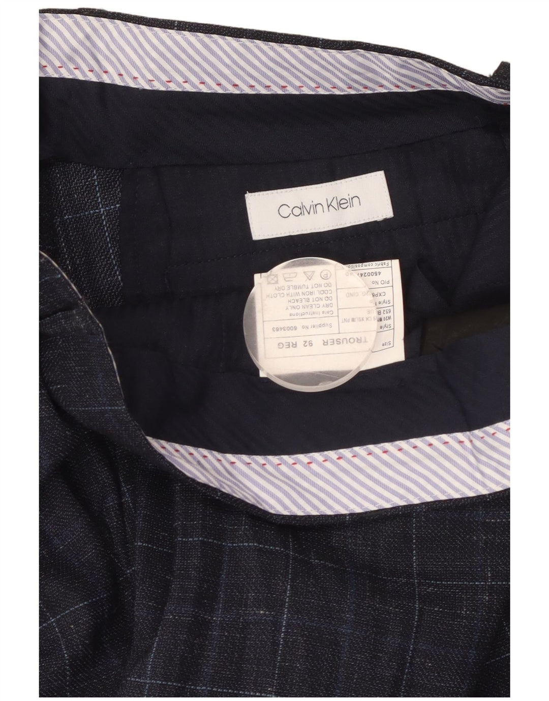 CALVIN KLEIN Pantalón de traje recto para hombre W36 L32 Lana a cuadros azul marino