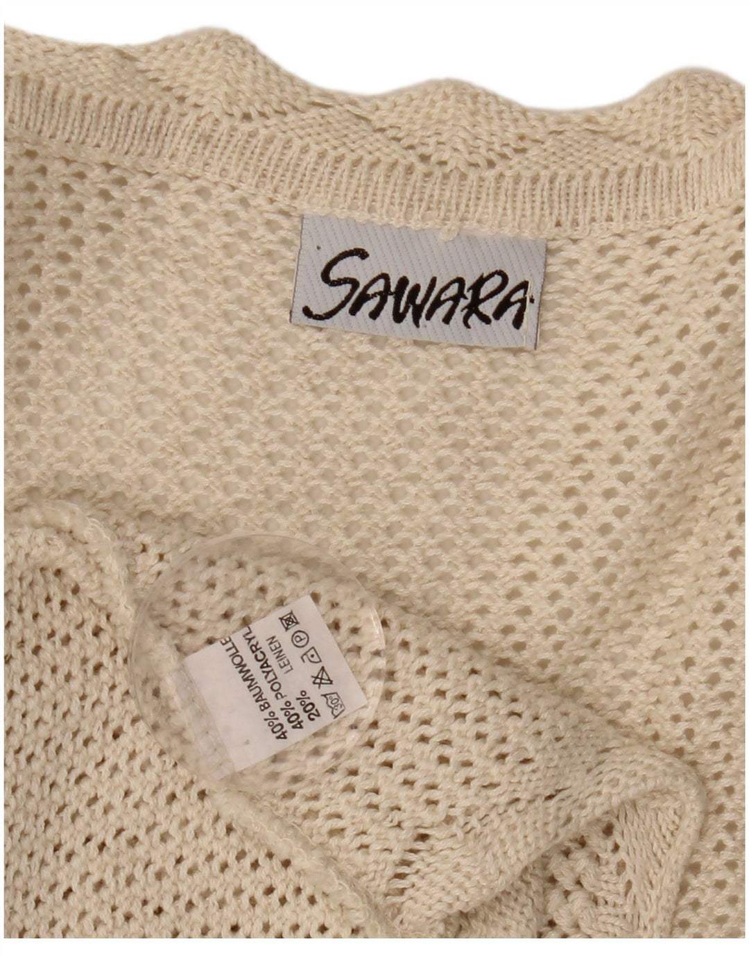 VINTAGE Mujer Crop Sin Mangas Crochet Cardigan Suéter Reino Unido 14 Grande Beige