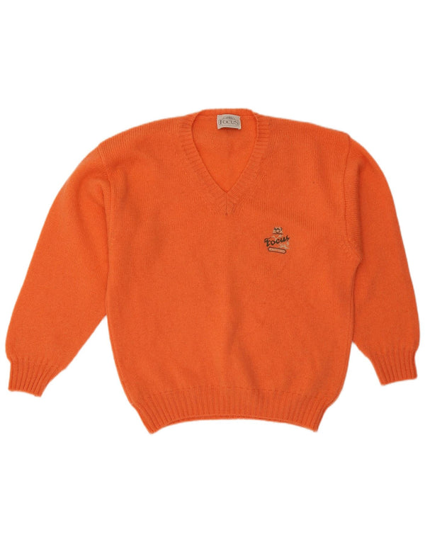 Vintage hombres V-cuello jumper suéter grande lana naranja