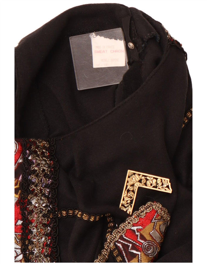 VINTAGE Mujer Gráfico Manga Larga Blusa Top Reino Unido 12 Acrílico Negro Medio