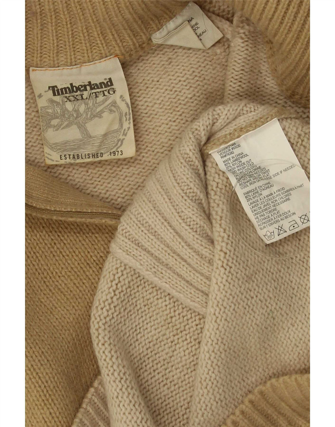 Timberland Jersey con cuello y cremallera para hombre, talla 2XL, lana de cordero beige