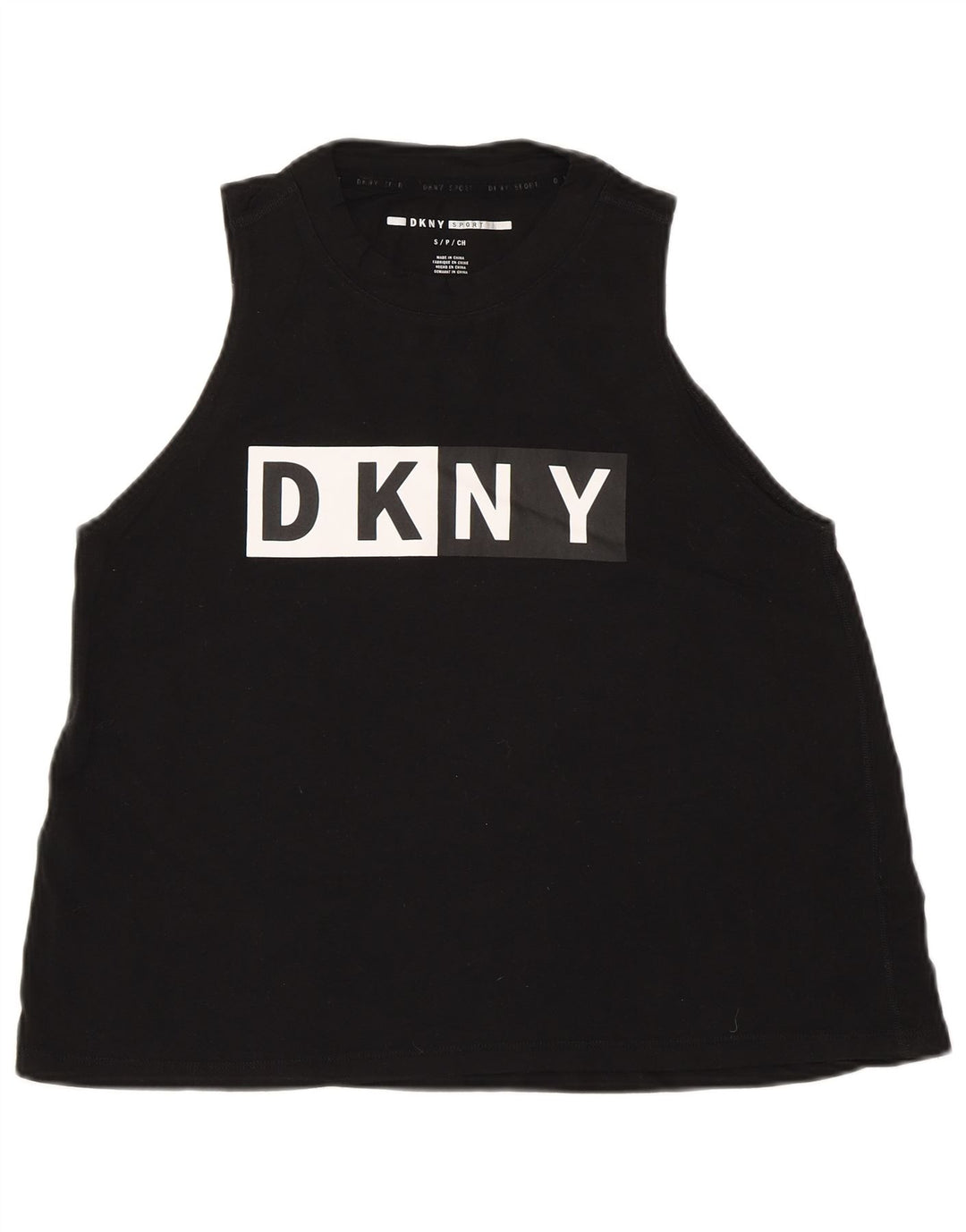 DKNY Top sin mangas gráfico para mujer UK 10 Small Black Cotton