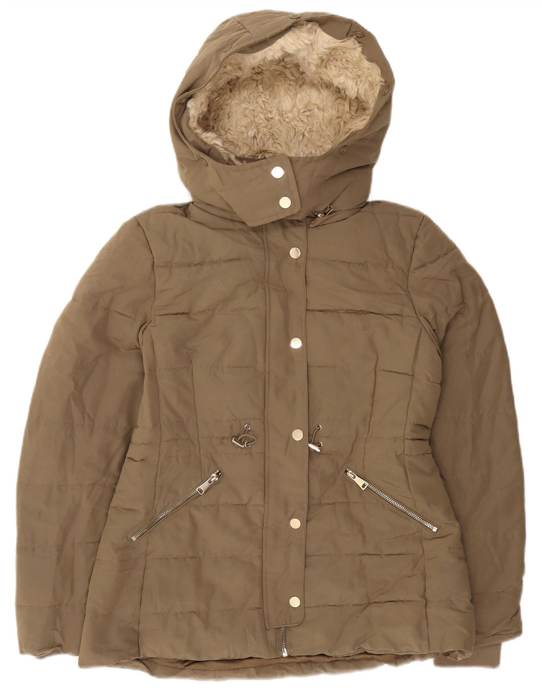 Zara Mujer Chaqueta Acolchada Sherpa Con Capucha UK 10 Small Caqui Poliéster