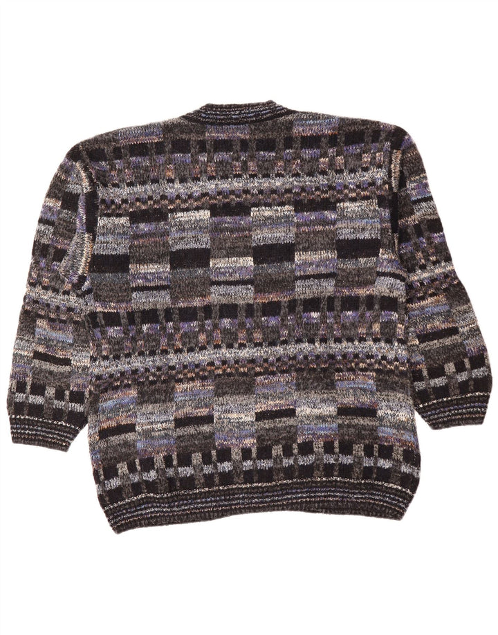 VINTAGE Hombres Cardigan Suéter Grande Multicolor Geométrica Lana