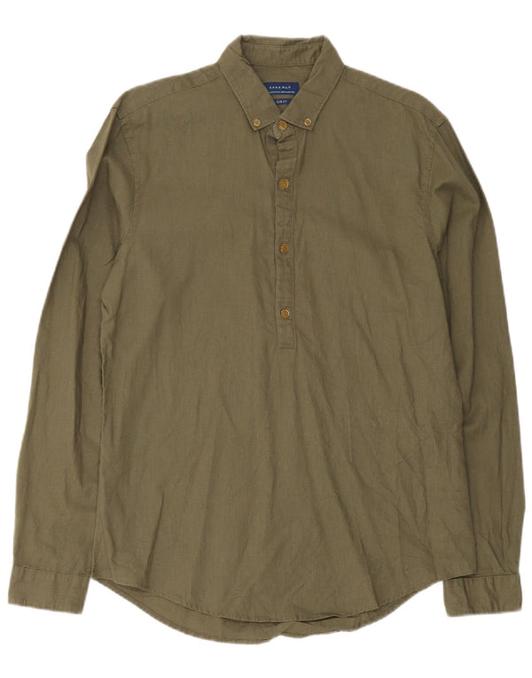Zara Hombre Camisa Tipo Jersey Slim Fit Lino Caqui Mediano