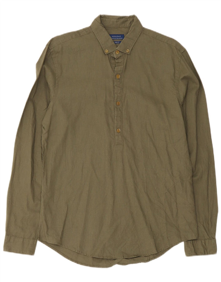 Zara Hombre Camisa Tipo Jersey Slim Fit Lino Caqui Mediano