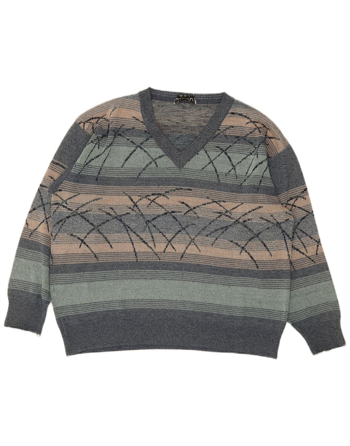 Vintage hombres V-cuello jumper suéter XL multicolor rayas