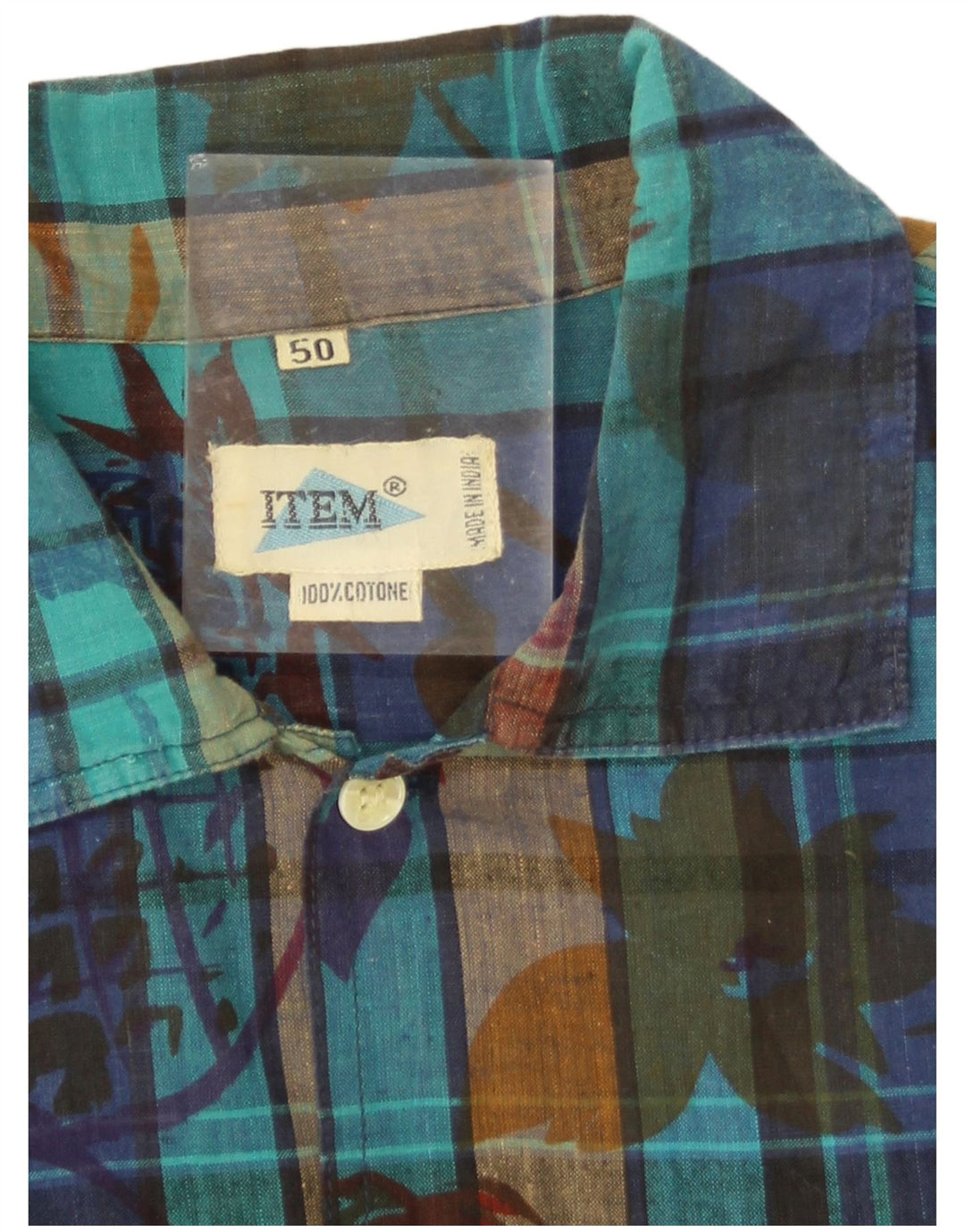 Vintage hombres camisa de manga corta EU 50 azul medio comprobar algodón