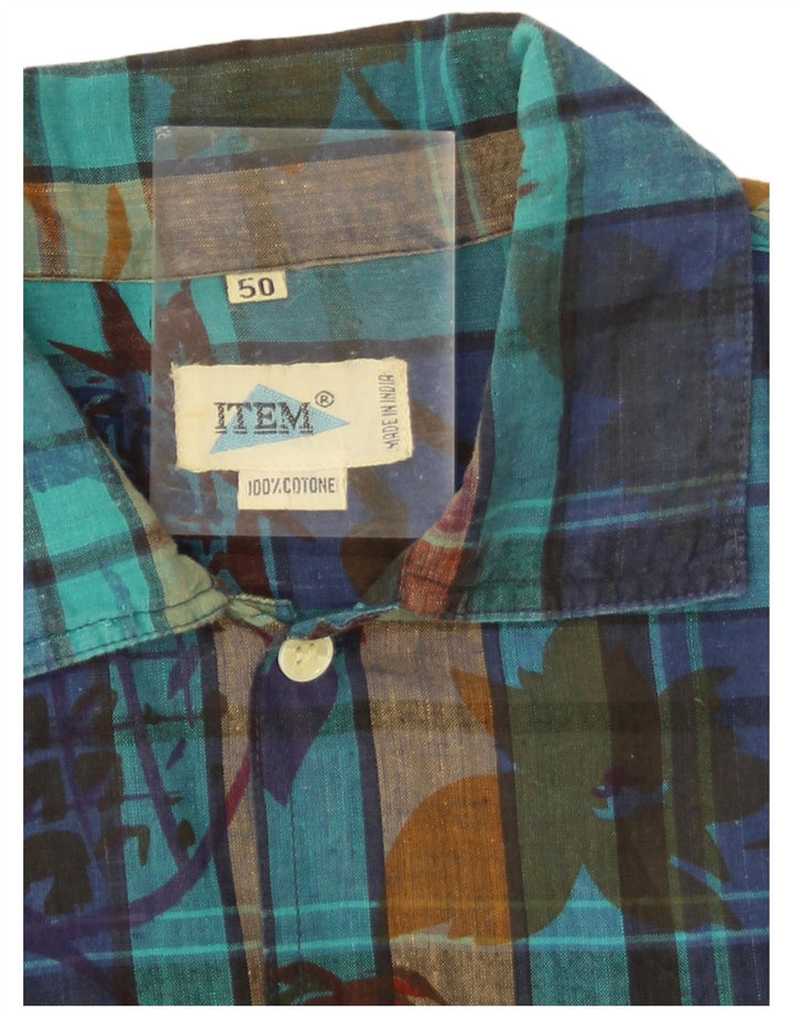Vintage hombres camisa de manga corta EU 50 azul medio comprobar algodón