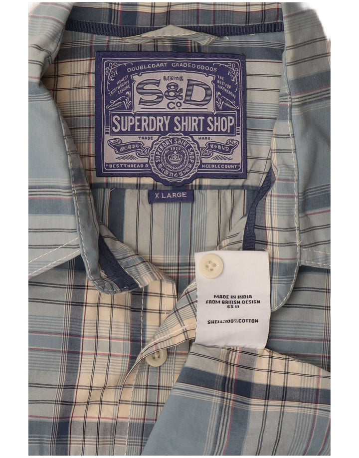 SUPERDRY Camisa Manga Corta Hombre XL Azul Cuadros Algodón
