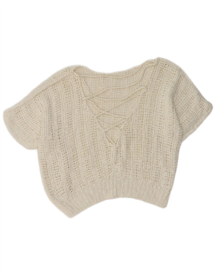 Vintage mujer cultivo manga corta V-cuello jumper suéter Reino Unido 14 medio blanco