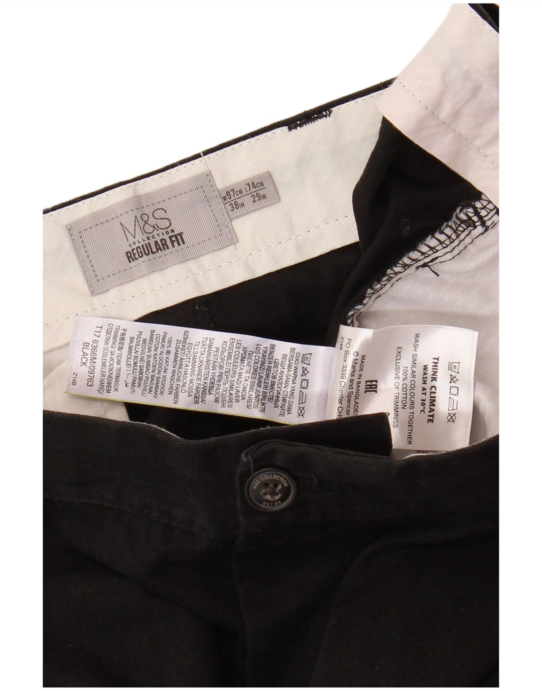 MARKS & SPENCER Pantalón chino recto de corte regular para hombre W38 L29 Negro