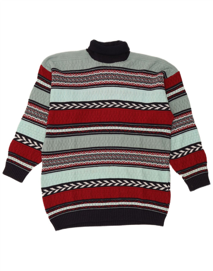 Vintage hombres rollo cuello jersey suéter grande multicolor lana a rayas