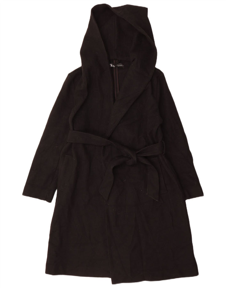 Zara Mujer Abrigo Con Capucha UK 44 Medio Negro Poliéster
