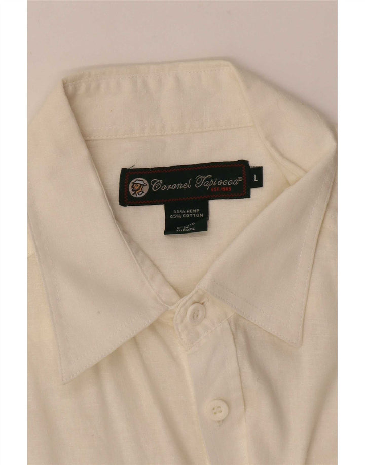 Coronel Tapiocca Camisa militar para hombre grande de lino blanco roto