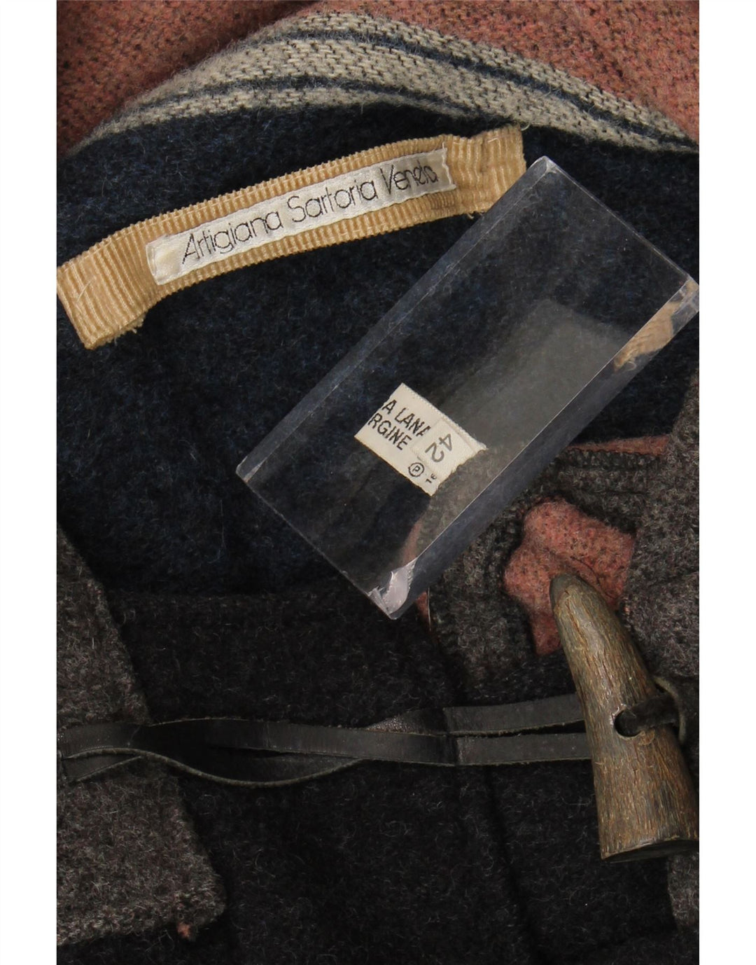 Vintage hombre con capucha trenca IT 42 XL gris colorblock lana virgen