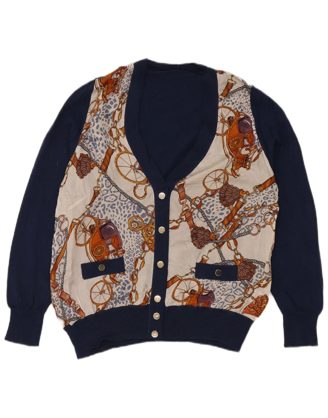 Vintage mujeres patrón abstracto cardigan suéter Reino Unido 16 grande azul marino