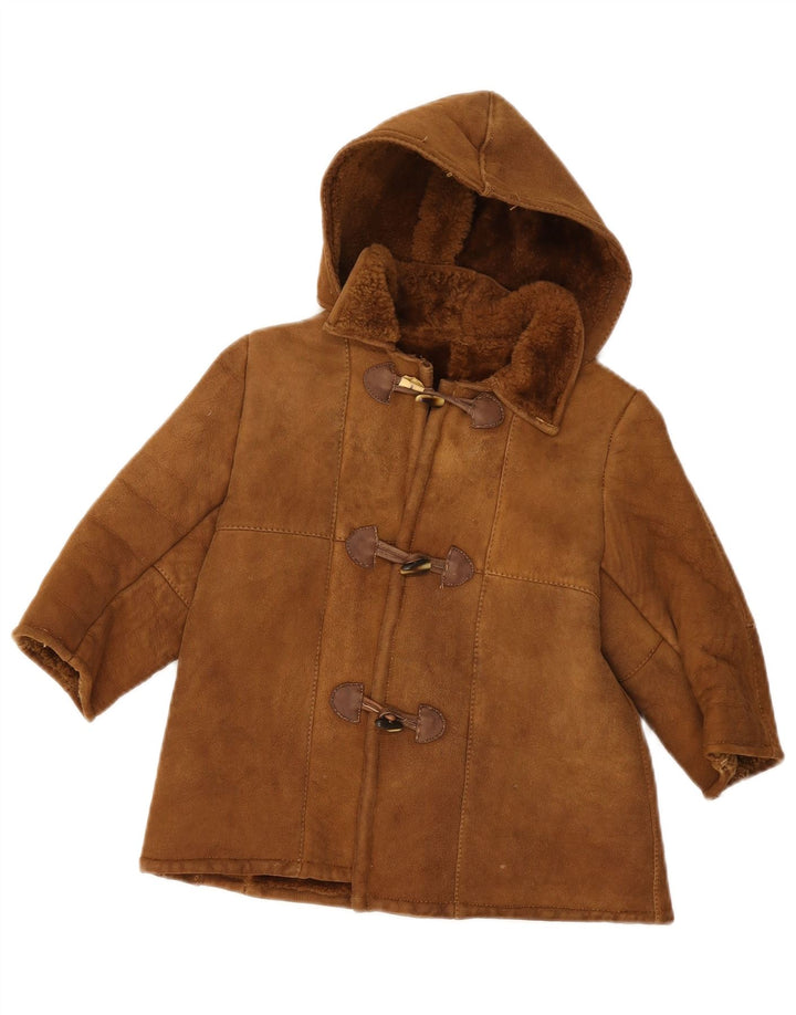 Chaqueta de piel de oveja con capucha para niñas vintage 7-8 años Marrón