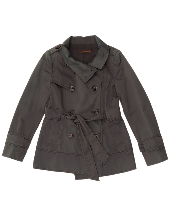 Zara Mujer Gabardina Corta De Doble Botonadura UK 44 Algodón Gris Medio