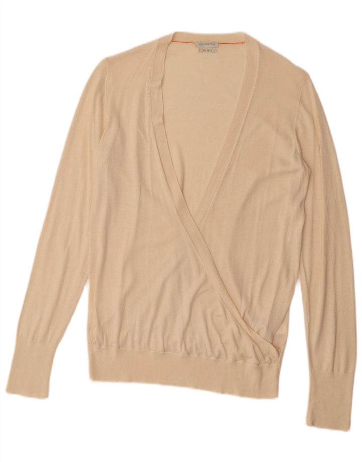 BENETTON Womens V-Neck Jumper Sweater UK 12 Medium Beige Viscose
