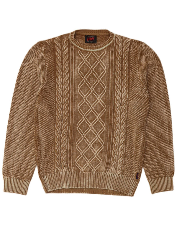 Vintage hombres cuello redondo jersey suéter grande marrón geométrico lana virgen