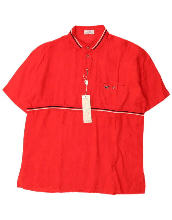Vintage hombres manga corta pullover camisa XL rojo rayas lino