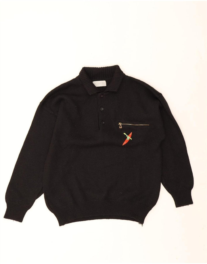 Settebello Hombre Polo Cuello Jersey Suéter Grande Lana Negra