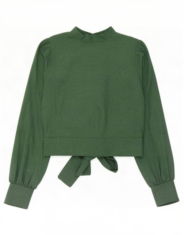 Vintage mujer crop camisa blusa Reino Unido 10 pequeño poliéster verde