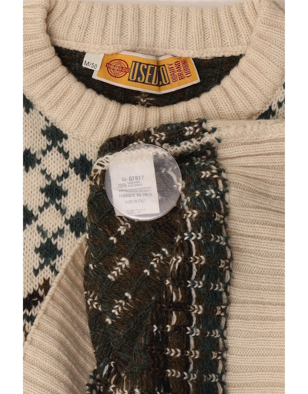 Vintage hombres cuello redondo jersey suéter IT 50 medio blanco Fair Isle lana