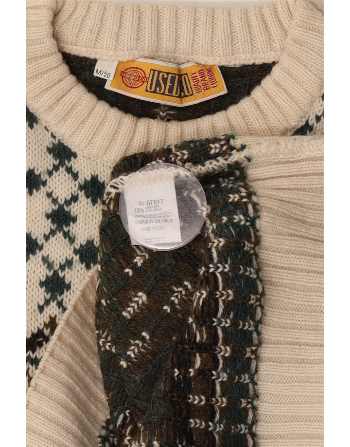 Vintage hombres cuello redondo jersey suéter IT 50 medio blanco Fair Isle lana