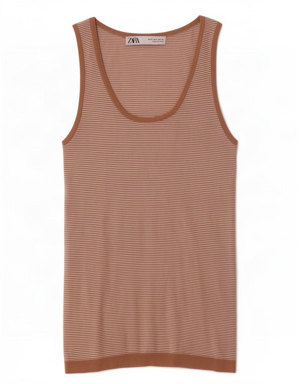Zara Mujer Chaleco Top UK 8 Small Marrón Pinstripe Viscosa