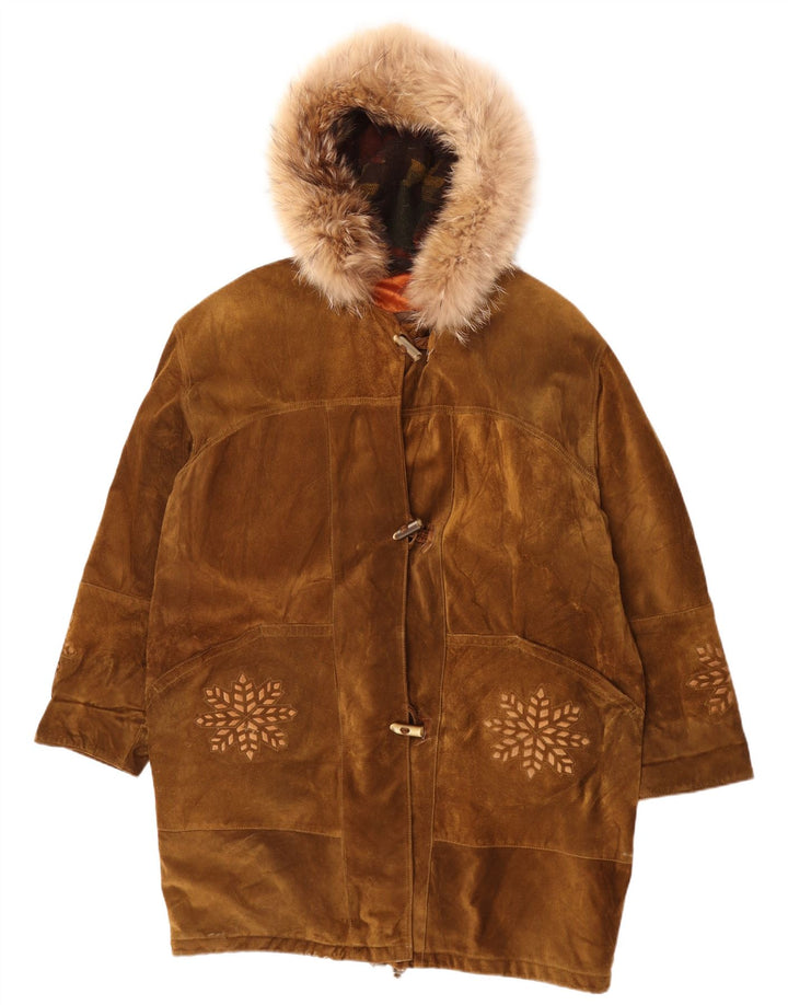 Vintage mujer oversize con capucha Duffle abrigo Reino Unido 14 grande marrón Fair Isle