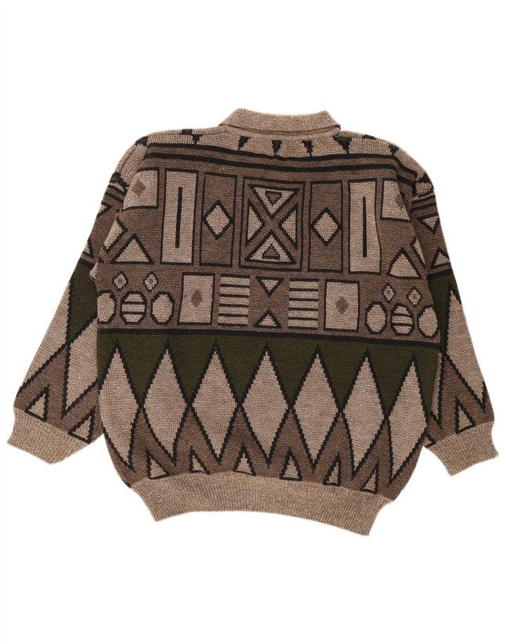 Vintage hombres polo cuello jersey suéter medio marrón geométrico