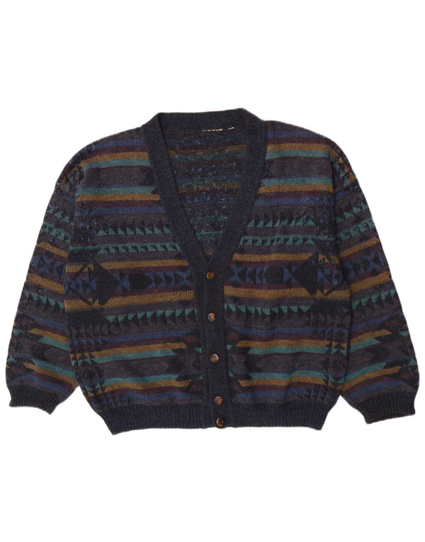 Vintage hombres Cardigan suéter grande azul marino geométrico