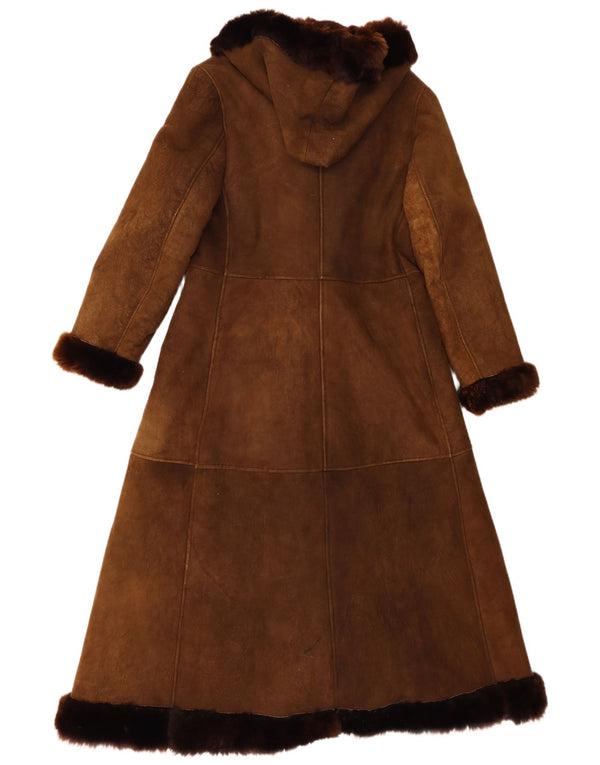 Vintage mujer con capucha shearling abrigo Reino Unido 8 pequeño marrón