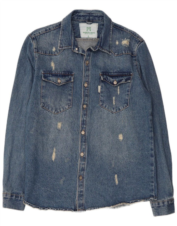 VINTAGE Camisa vaquera desgastada para hombre Algodón azul grande