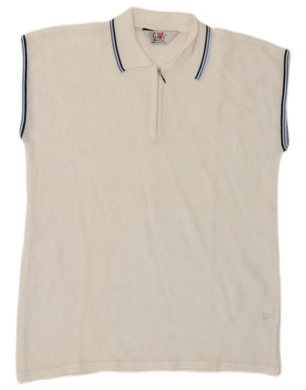 Vintage mujer sin mangas ver a través de polo camisa Reino Unido 14 algodón blanco medio