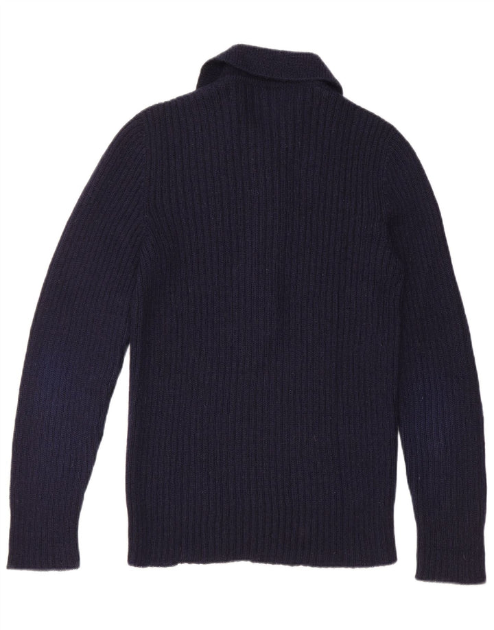Vintage hombres polo cuello jersey suéter pequeño azul marino