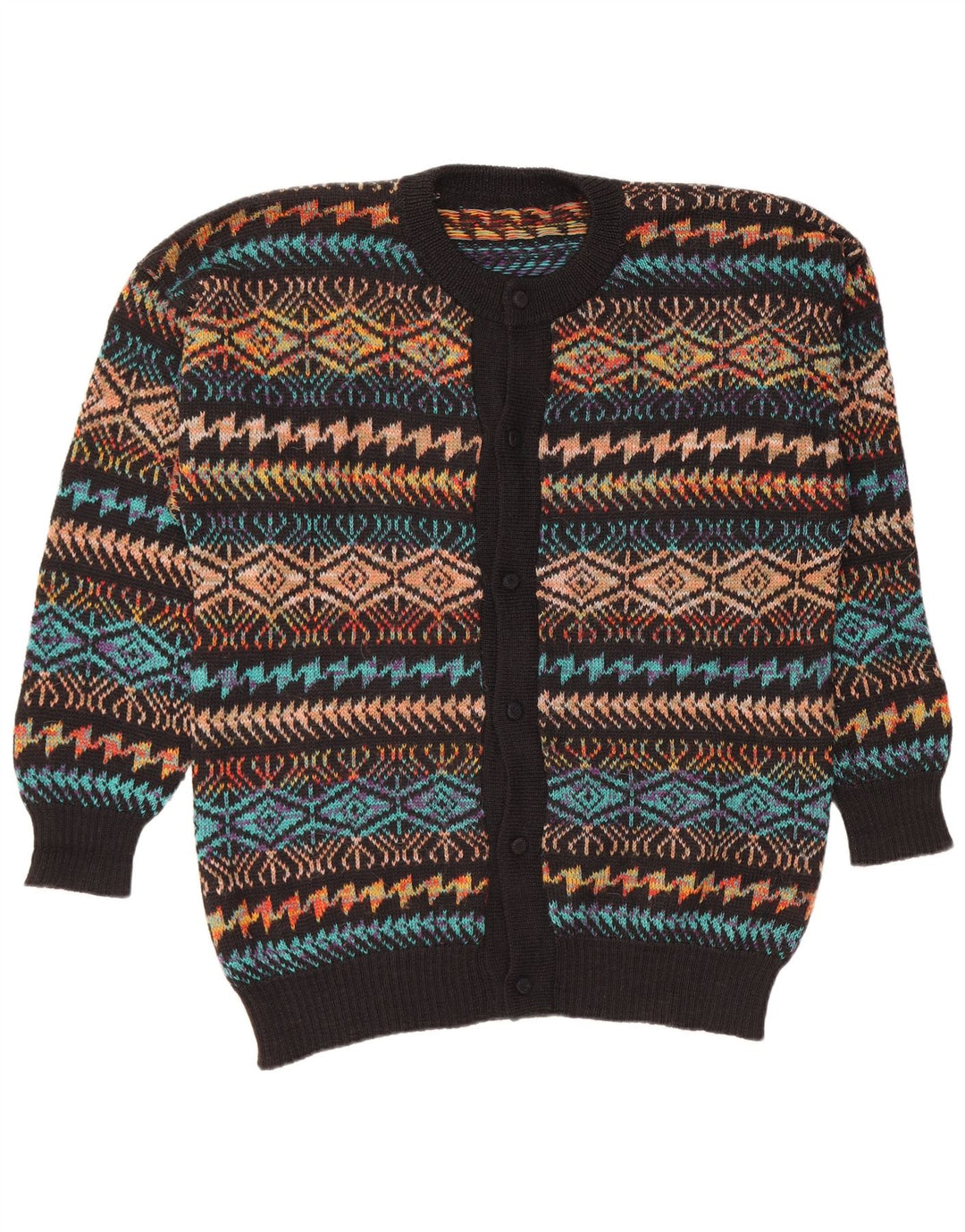 VINTAGE Hombres Cardigan Suéter Grande Negro Geométrico