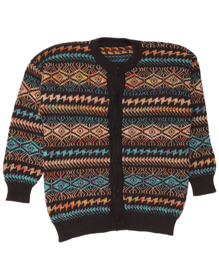 VINTAGE Hombres Cardigan Suéter Grande Negro Geométrico