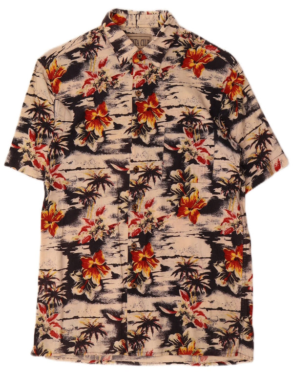 Vintage niños camisa de manga corta 12-13 años grande beige floral hawaiano