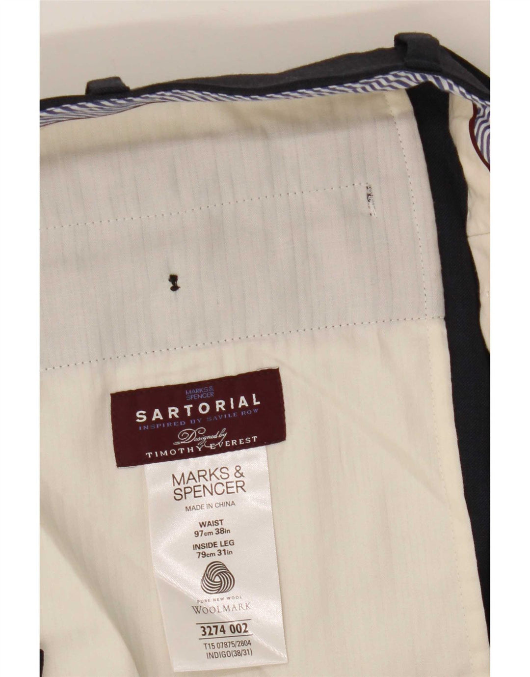 Marks & Spencer Pantalón de traje recto para hombre W38 L31 Lana azul marino