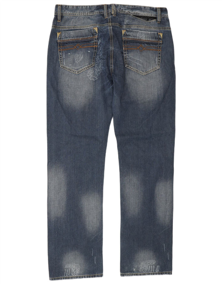 Vintage hombres desgastados jeans rectos IT 54 2XL W36 L34 Algodón azul