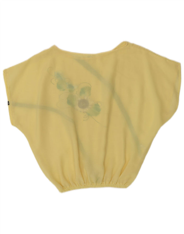 Vintage mujer crop blusa top Reino Unido 14 poliéster floral amarillo medio