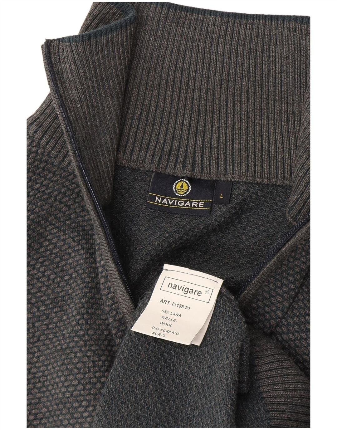 Navigare Suéter tipo jersey con cuello y cremallera para hombre, lana gris grande