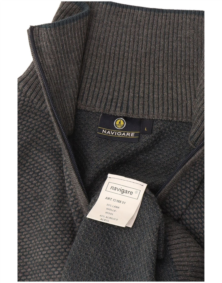 Navigare Suéter tipo jersey con cuello y cremallera para hombre, lana gris grande